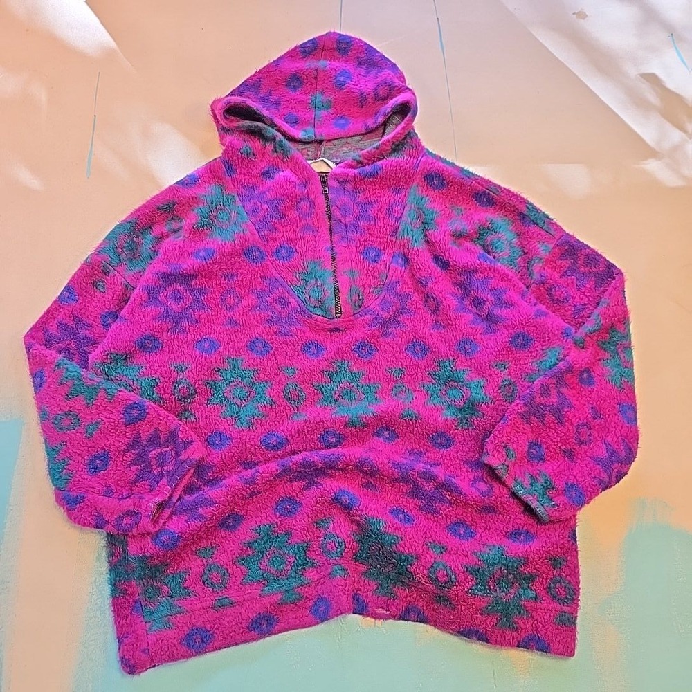 VTG Womens L Aztec Fleece Hoodie Deep Pile Pullover Pink Teal 90s Geometric Soft